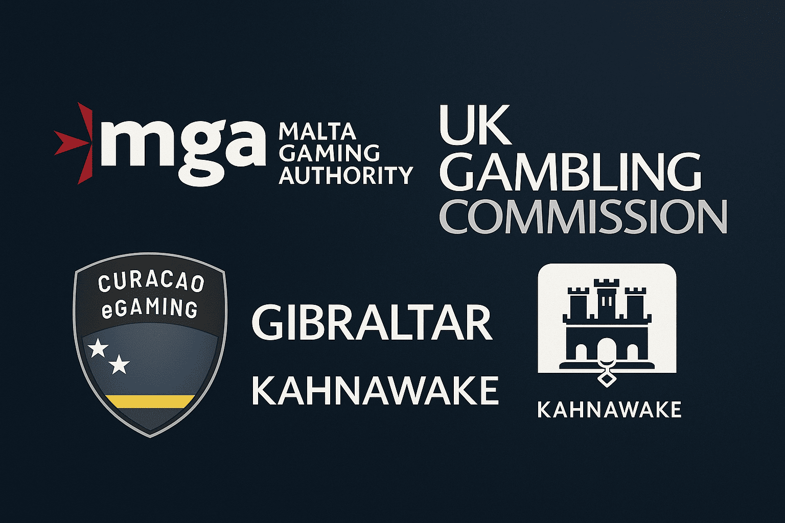 MGA, UKGC, Curacao, Gibraltar og Kahnawake licenslogoer