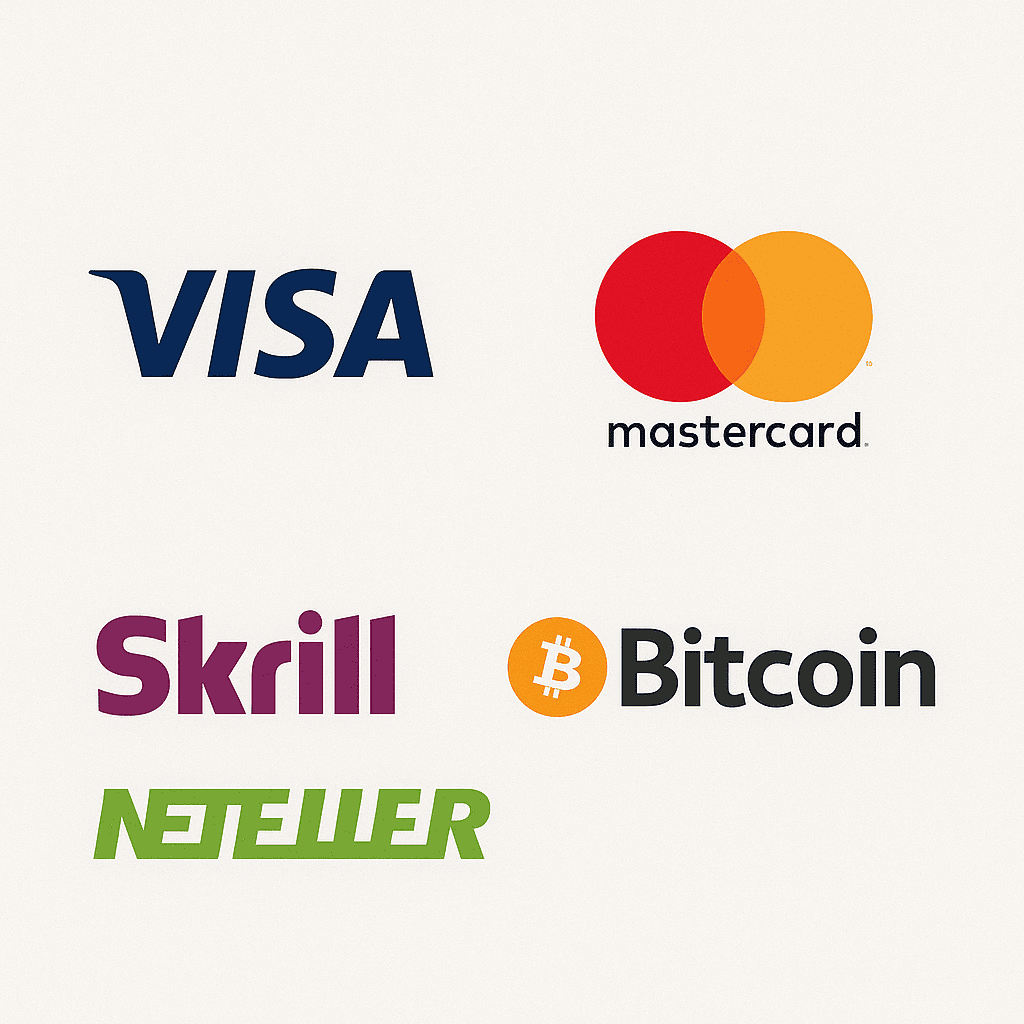 Betalingsmetoder: Visa, Mastercard, Skrill, Neteller, Bitcoin